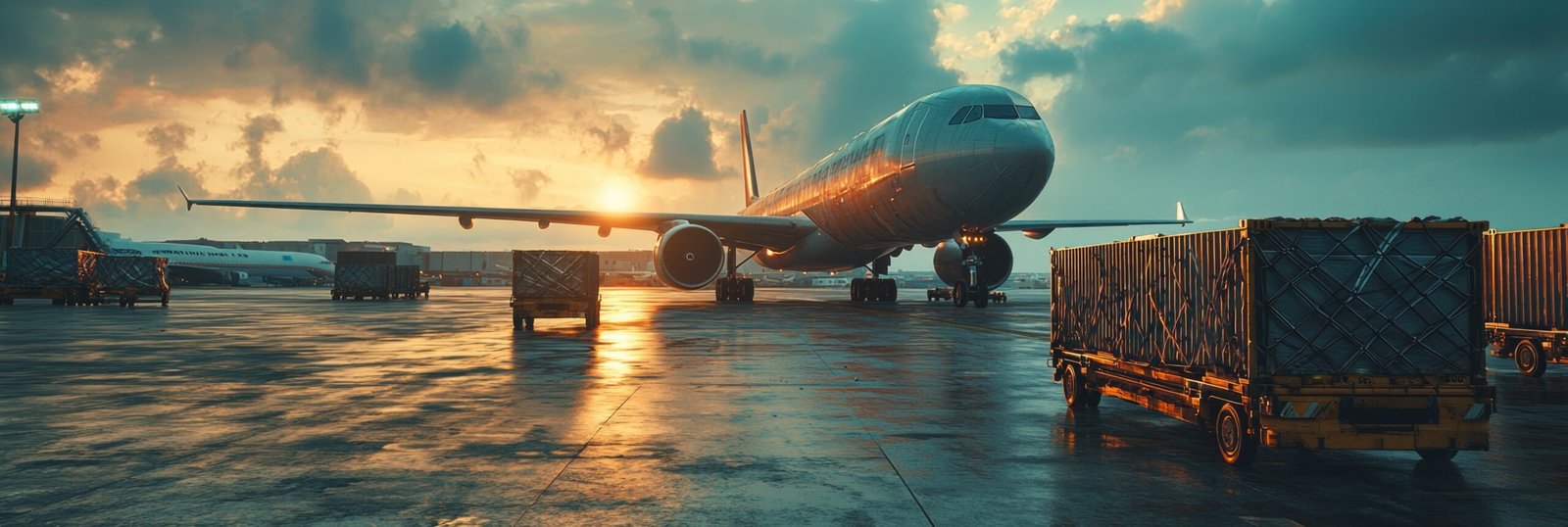 Cargo containers being prepared for loading onto a modern air freighter at the airport --ar 3:1 --quality 2 --stylize 250 --v 6.1 Job ID: cb0d481f-8c9b-4137-872b-2aaf9ebe42c1