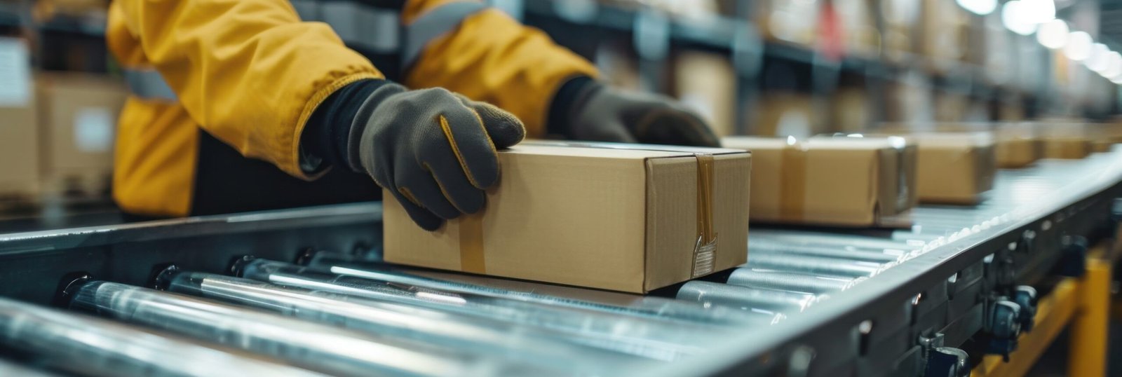 A warehouse worker is expertly handling packages on a conveyor belt, showcasing the importance of efficient logistics in modern operations and inventory management.