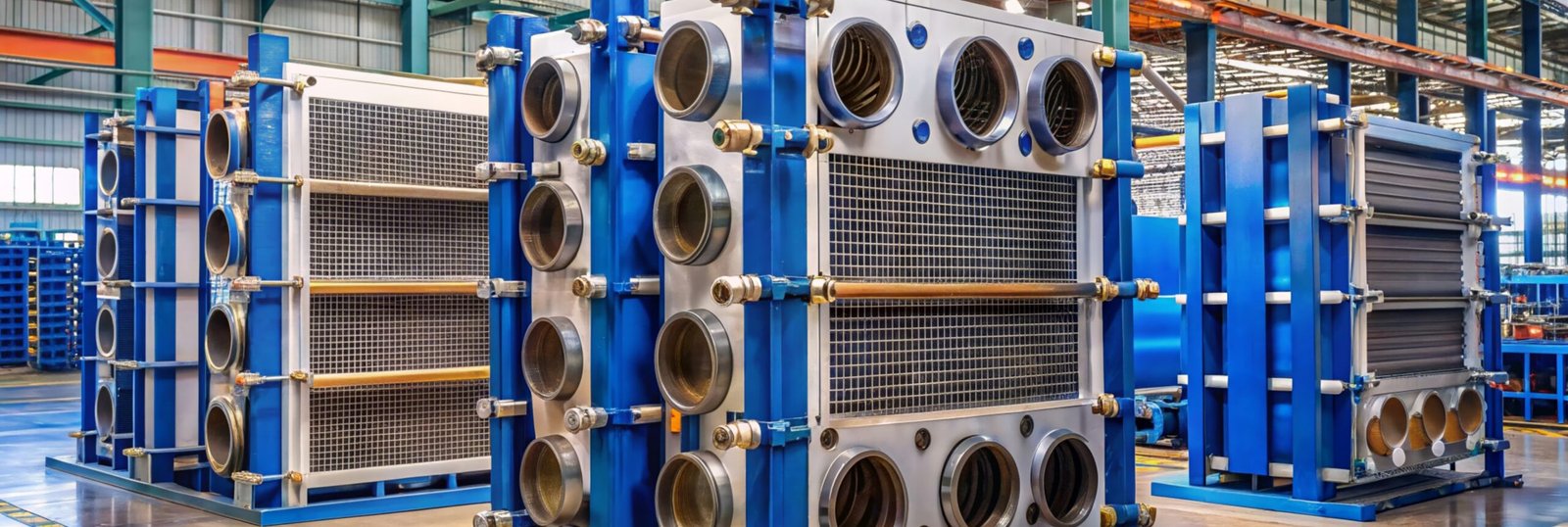 Three large industrial heat exchangers stand on the floor of a factory. These industrial machines are constructed with blue metal and are used to transfer heat. The factory setting can be seen in the background.