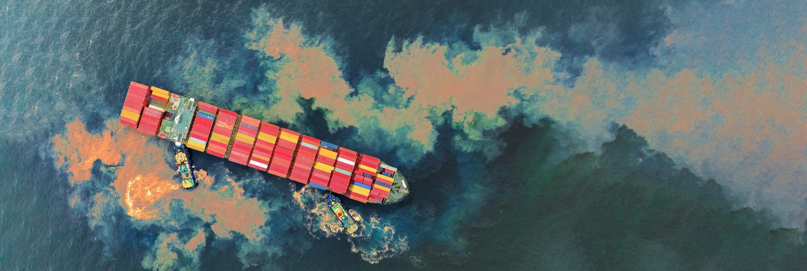 Tug Boat drag Barge ship carry Metal steel pipe construction unit , No International Sewage sludge Pollution Prevention Certificate, Sewage Sludge in the sea made by Activity of ship concept